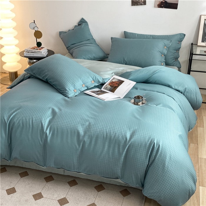 91家纺网 家纺一手货源 找家纺 古吉梦 2023新款A类抗菌防螨纽扣提花四件套磨毛秋冬款 浅石兰+梵星蓝