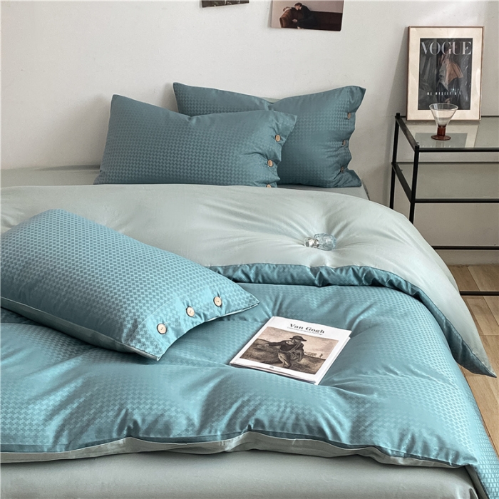 91家纺网 家纺一手货源 找家纺 古吉梦 2023新款A类抗菌防螨纽扣提花四件套磨毛秋冬款 浅石兰+梵星蓝