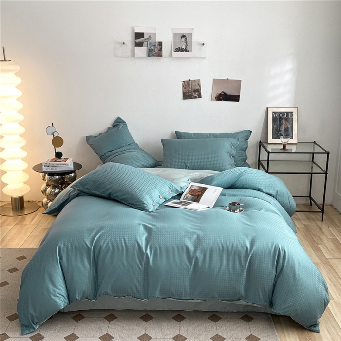 91家纺网 家纺一手货源 找家纺 古吉梦 2023新款A类抗菌防螨纽扣提花四件套磨毛秋冬款 浅石兰+梵星蓝