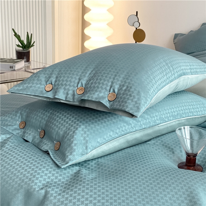 91家纺网 家纺一手货源 找家纺 古吉梦 2023新款A类抗菌防螨纽扣提花四件套磨毛秋冬款 浅石兰+梵星蓝