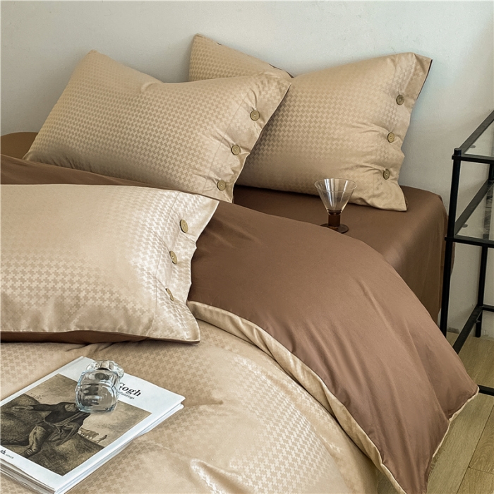 91家纺网 家纺一手货源 找家纺 古吉梦 2023新款A类抗菌防螨纽扣提花四件套磨毛秋冬款 香槟金+棕咖