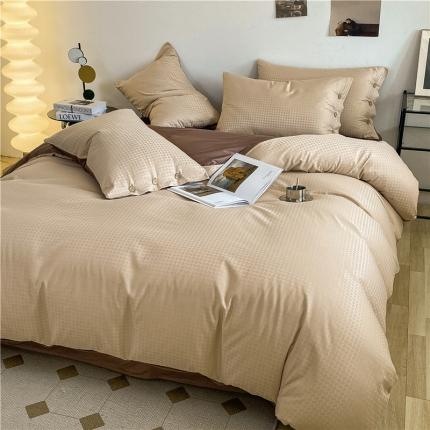 古吉梦 2023新款A类抗菌防螨纽扣提花四件套磨毛秋冬款 香槟金+棕咖