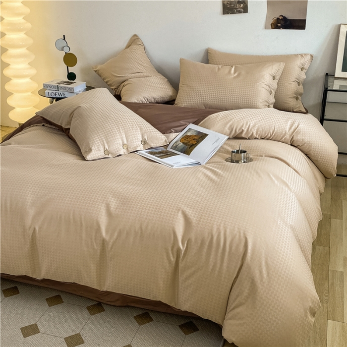 91家纺网 家纺一手货源 找家纺 古吉梦 2023新款A类抗菌防螨纽扣提花四件套磨毛秋冬款 香槟金+棕咖