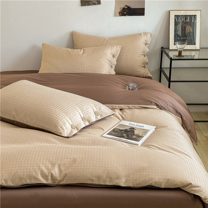 91家纺网 家纺一手货源 找家纺 古吉梦 2023新款A类抗菌防螨纽扣提花四件套磨毛秋冬款 香槟金+棕咖