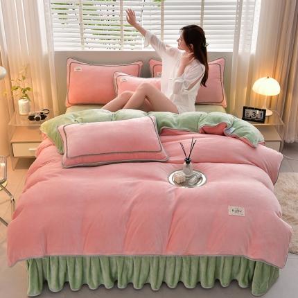 91家纺网 家纺一手货源 找家纺 梦之星 25款纯色8.5-9斤牛奶绒法莱宝宝金貂绒四件套 浅粉+绿