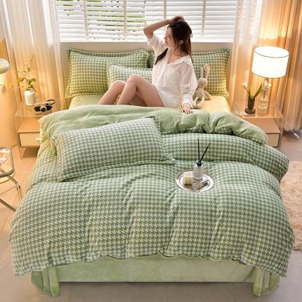 91家纺网 家纺一手货源 找家纺 梦之星 25款8斤重牛奶绒6D雕花绒四件套法莱水晶金貂 千鸟格-绿