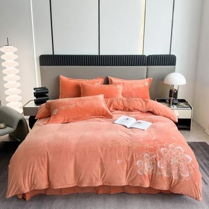 91家纺网 家纺一手货源 找家纺 逸林家纺《原希尔顿逸林》 2023新款宝宝绒婴儿绒四件套刺绣花小香风黛娜-爱玛橙