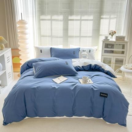 91家纺网 家纺一手货源 找家纺 绵庭家纺 2023新款全棉水洗棉拼色四件套 冰月蓝+贵族白