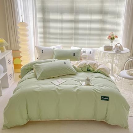91家纺网 家纺一手货源 找家纺 绵庭家纺 2023新款全棉水洗棉拼色四件套 果绿+冰心