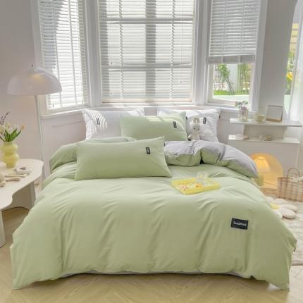 91家纺网 家纺一手货源 找家纺 绵庭家纺 2023新款全棉水洗棉拼色四件套 果绿+绅士灰