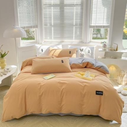 91家纺网 家纺一手货源 找家纺 绵庭家纺 2023新款全棉水洗棉拼色四件套 桔色+绅士灰