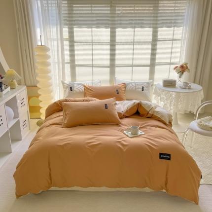 91家纺网 家纺一手货源 找家纺 绵庭家纺 2023新款全棉水洗棉拼色四件套 南瓜+卡其