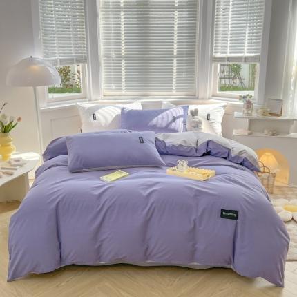 91家纺网 家纺一手货源 找家纺 绵庭家纺 2023新款全棉水洗棉拼色四件套 深紫+绅士灰