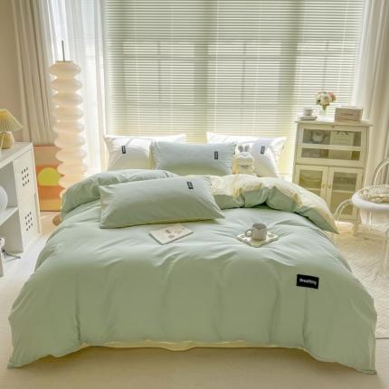 91家纺网 家纺一手货源 找家纺 绵庭家纺 2023新款全棉水洗棉拼色四件套 水绿+奶油黄