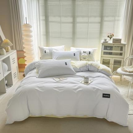 91家纺网 家纺一手货源 找家纺 绵庭家纺 2023新款全棉水洗棉拼色四件套 天蓝+奶油黄