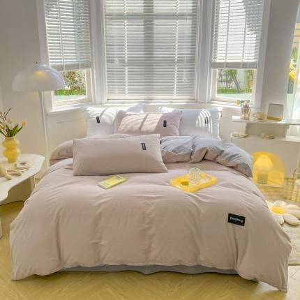 91家纺网 家纺一手货源 找家纺 绵庭家纺 2023新款全棉水洗棉拼色四件套 烟粉+绅士灰