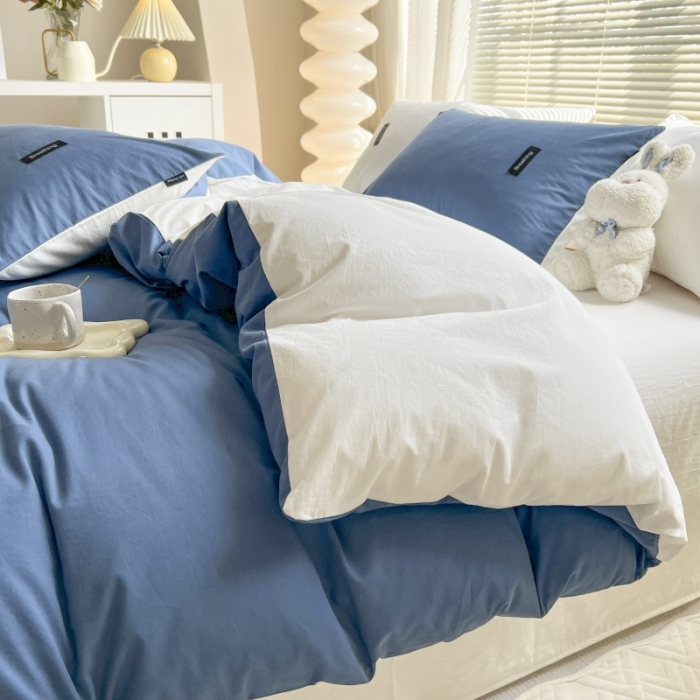 91家纺网 家纺一手货源 找家纺 绵庭家纺 2023新款全棉水洗棉拼色四件套 冰月蓝+贵族白