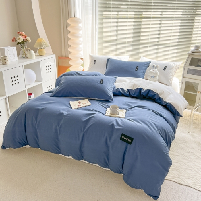 91家纺网 家纺一手货源 找家纺 绵庭家纺 2023新款全棉水洗棉拼色四件套 冰月蓝+贵族白