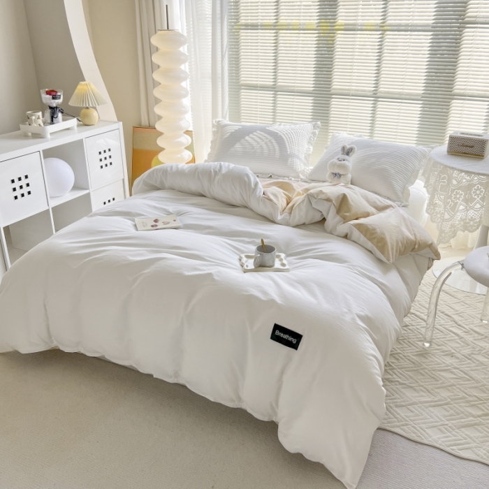 91家纺网 家纺一手货源 找家纺 绵庭家纺 2023新款全棉水洗棉拼色四件套 贵族白+卡其