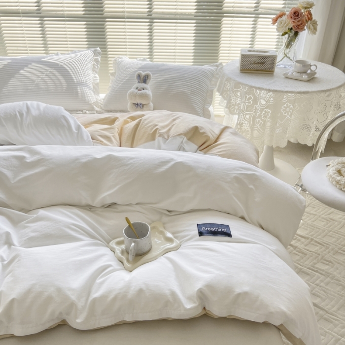 91家纺网 家纺一手货源 找家纺 绵庭家纺 2023新款全棉水洗棉拼色四件套 贵族白+卡其