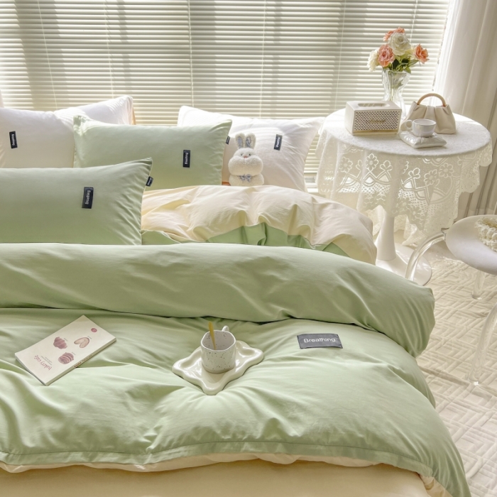 91家纺网 家纺一手货源 找家纺 绵庭家纺 2023新款全棉水洗棉拼色四件套 果绿+冰心