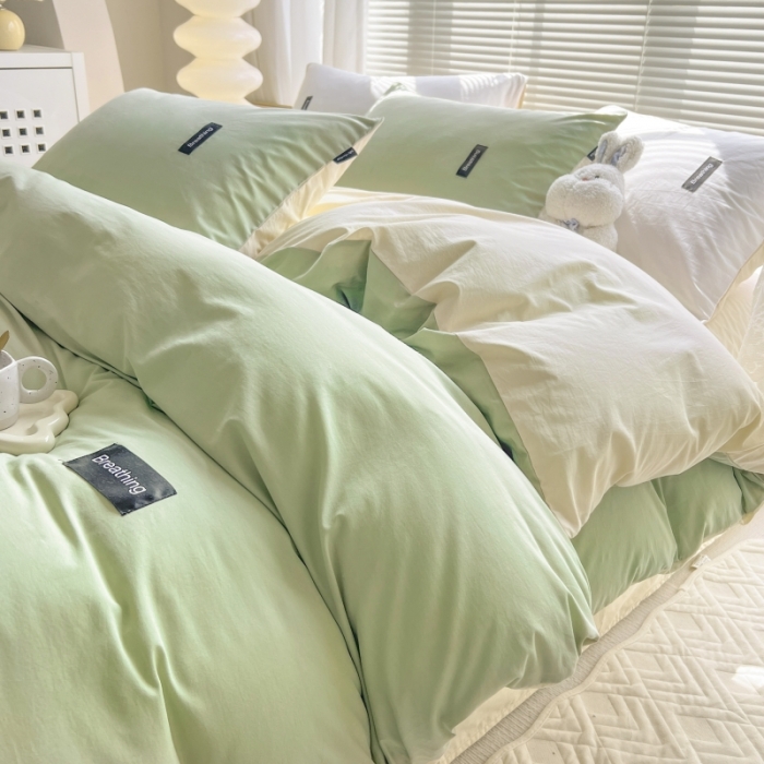 91家纺网 家纺一手货源 找家纺 绵庭家纺 2023新款全棉水洗棉拼色四件套 果绿+冰心