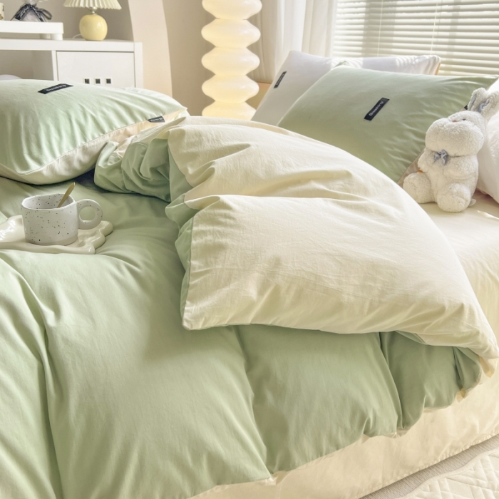 91家纺网 家纺一手货源 找家纺 绵庭家纺 2023新款全棉水洗棉拼色四件套 果绿+冰心