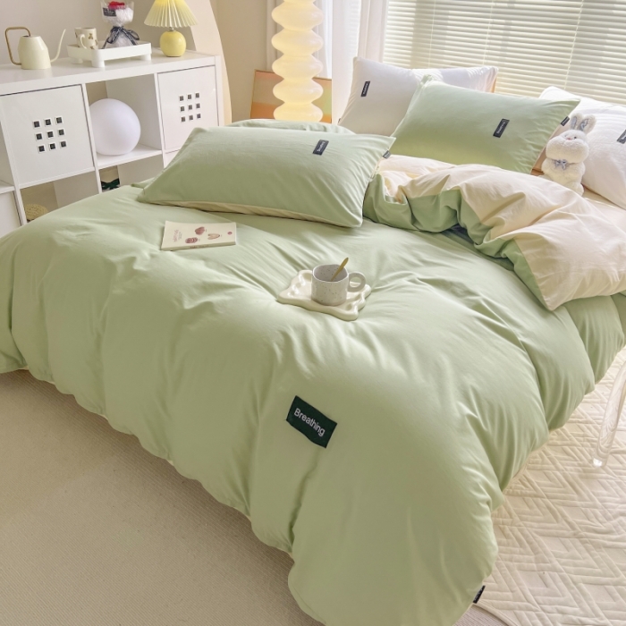 91家纺网 家纺一手货源 找家纺 绵庭家纺 2023新款全棉水洗棉拼色四件套 果绿+冰心