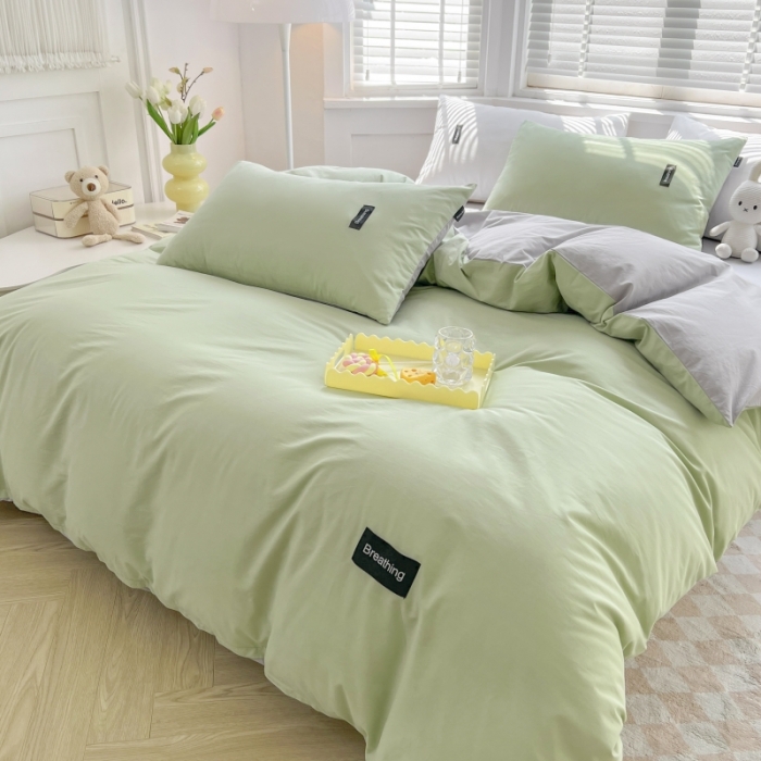 91家纺网 家纺一手货源 找家纺 绵庭家纺 2023新款全棉水洗棉拼色四件套 果绿+绅士灰