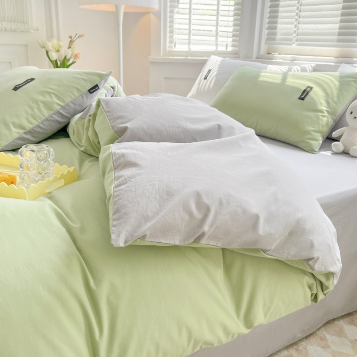 91家纺网 家纺一手货源 找家纺 绵庭家纺 2023新款全棉水洗棉拼色四件套 果绿+绅士灰