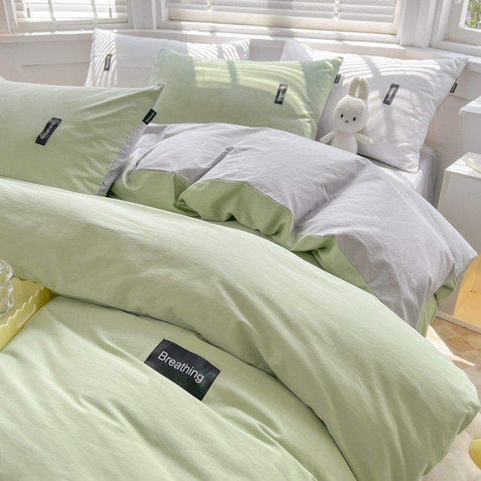 91家纺网 家纺一手货源 找家纺 绵庭家纺 2023新款全棉水洗棉拼色四件套 果绿+绅士灰