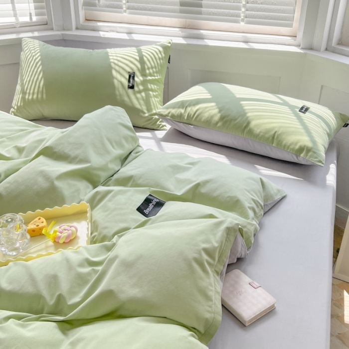 91家纺网 家纺一手货源 找家纺 绵庭家纺 2023新款全棉水洗棉拼色四件套 果绿+绅士灰