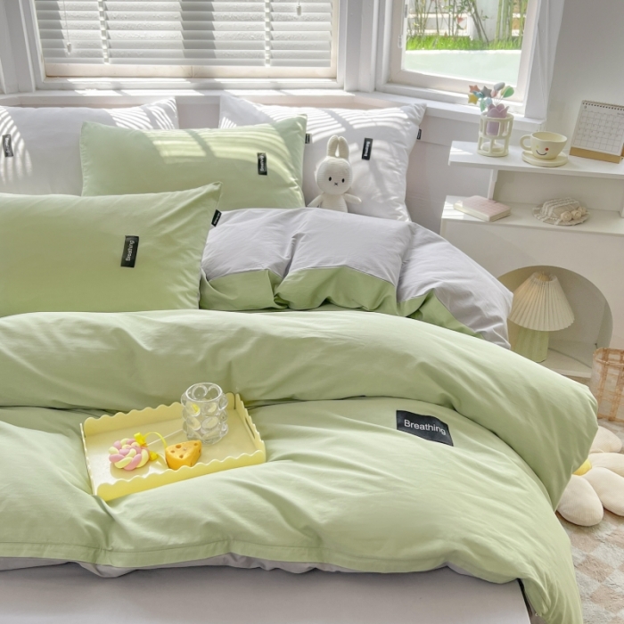 91家纺网 家纺一手货源 找家纺 绵庭家纺 2023新款全棉水洗棉拼色四件套 果绿+绅士灰