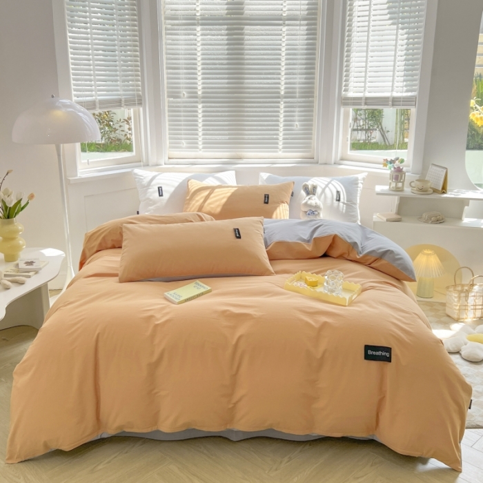 91家纺网 家纺一手货源 找家纺 绵庭家纺 2023新款全棉水洗棉拼色四件套 桔色+绅士灰