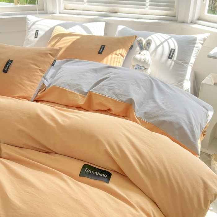 91家纺网 家纺一手货源 找家纺 绵庭家纺 2023新款全棉水洗棉拼色四件套 桔色+绅士灰