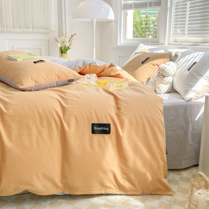 91家纺网 家纺一手货源 找家纺 绵庭家纺 2023新款全棉水洗棉拼色四件套 桔色+绅士灰