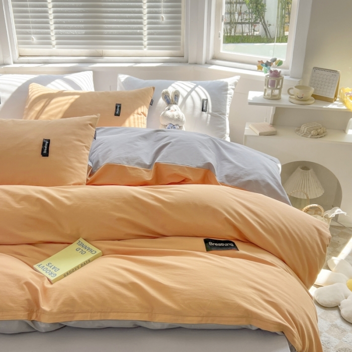 91家纺网 家纺一手货源 找家纺 绵庭家纺 2023新款全棉水洗棉拼色四件套 桔色+绅士灰