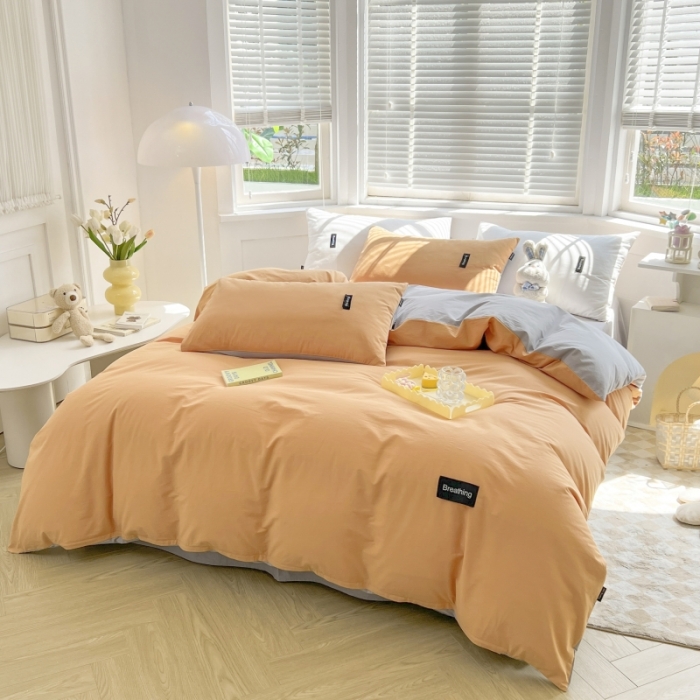 91家纺网 家纺一手货源 找家纺 绵庭家纺 2023新款全棉水洗棉拼色四件套 桔色+绅士灰