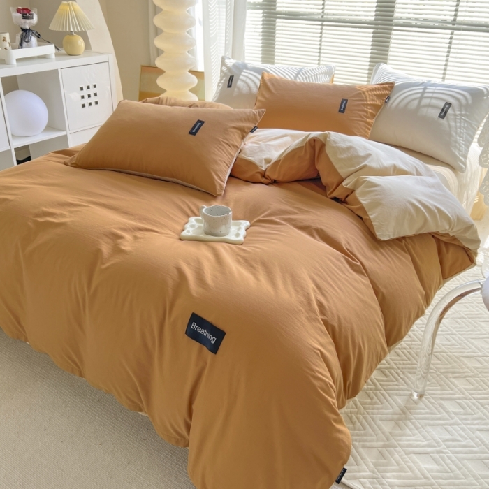 91家纺网 家纺一手货源 找家纺 绵庭家纺 2023新款全棉水洗棉拼色四件套 南瓜+卡其