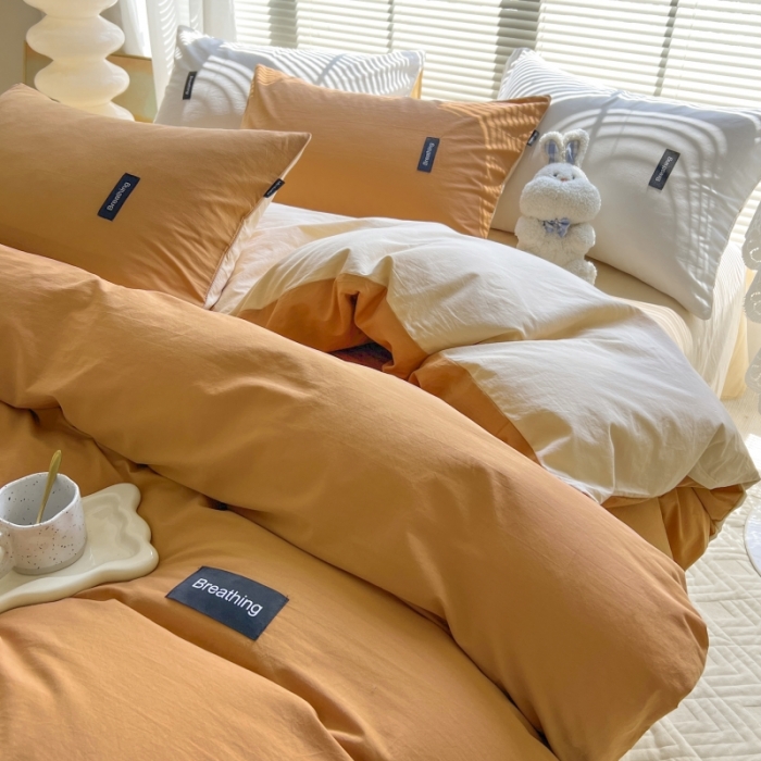 91家纺网 家纺一手货源 找家纺 绵庭家纺 2023新款全棉水洗棉拼色四件套 南瓜+卡其