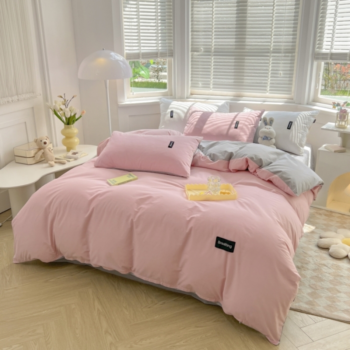 91家纺网 家纺一手货源 找家纺 绵庭家纺 2023新款全棉水洗棉拼色四件套 少女粉+绅士灰