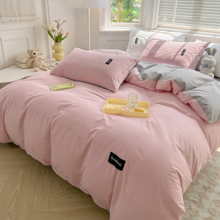 91家纺网 家纺一手货源 找家纺 绵庭家纺 2023新款全棉水洗棉拼色四件套 少女粉+绅士灰