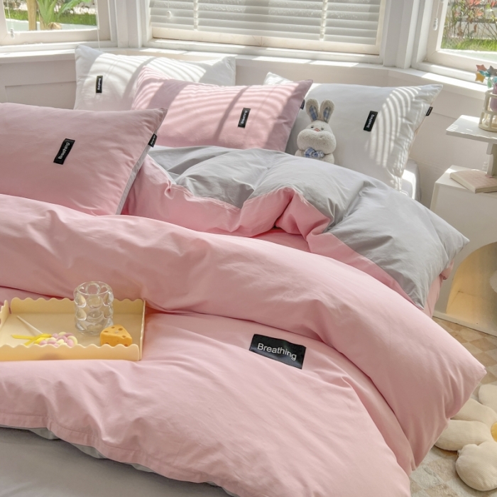 91家纺网 家纺一手货源 找家纺 绵庭家纺 2023新款全棉水洗棉拼色四件套 少女粉+绅士灰