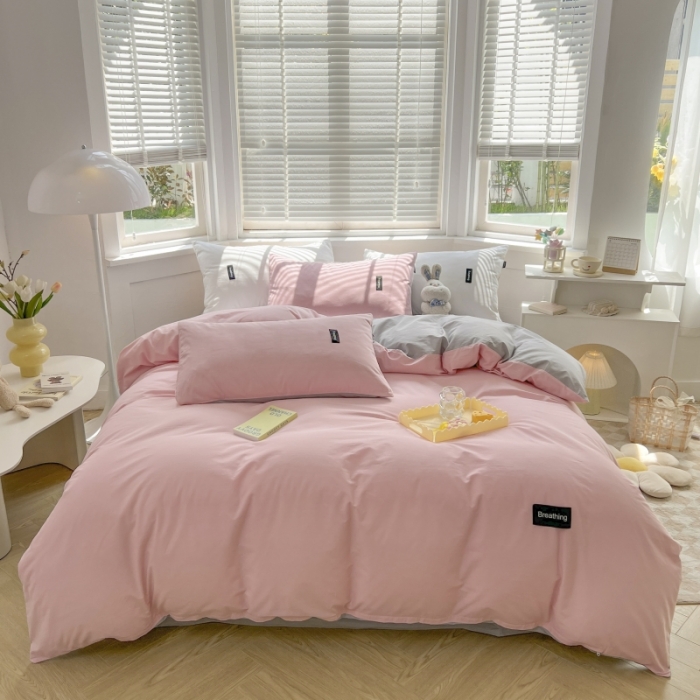 91家纺网 家纺一手货源 找家纺 绵庭家纺 2023新款全棉水洗棉拼色四件套 少女粉+绅士灰