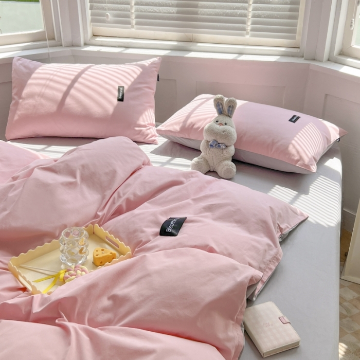 91家纺网 家纺一手货源 找家纺 绵庭家纺 2023新款全棉水洗棉拼色四件套 少女粉+绅士灰