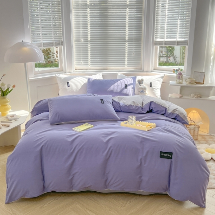 91家纺网 家纺一手货源 找家纺 绵庭家纺 2023新款全棉水洗棉拼色四件套 深紫+绅士灰