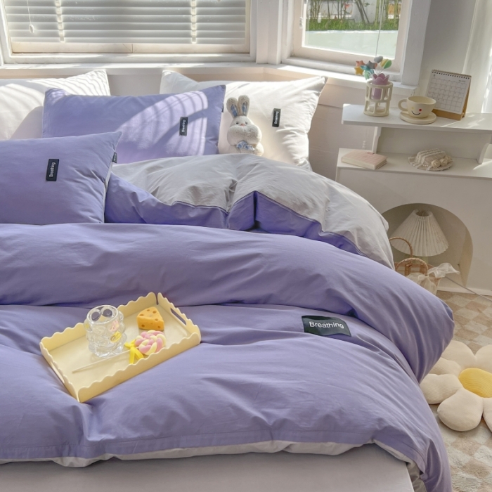 91家纺网 家纺一手货源 找家纺 绵庭家纺 2023新款全棉水洗棉拼色四件套 深紫+绅士灰