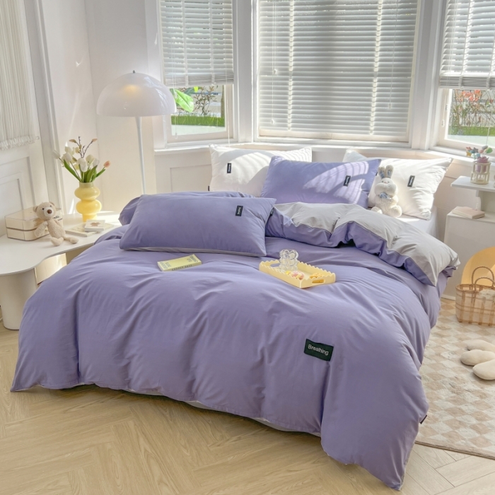 91家纺网 家纺一手货源 找家纺 绵庭家纺 2023新款全棉水洗棉拼色四件套 深紫+绅士灰