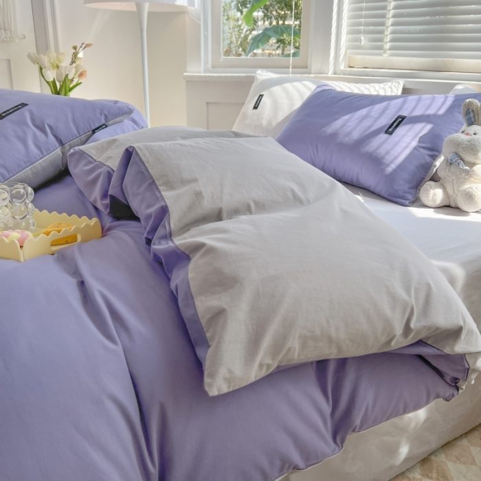 91家纺网 家纺一手货源 找家纺 绵庭家纺 2023新款全棉水洗棉拼色四件套 深紫+绅士灰