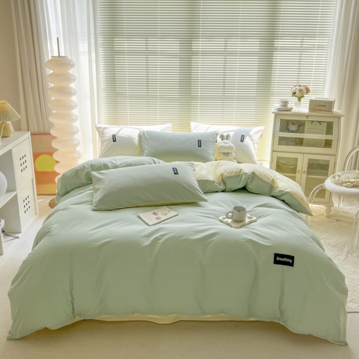 91家纺网 家纺一手货源 找家纺 绵庭家纺 2023新款全棉水洗棉拼色四件套 水绿+奶油黄